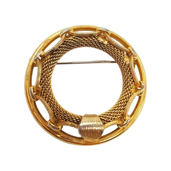 Vtg Round Mesh Chain Brooch Pin Gold Tone Nautical Circle Wreath Statement 2-1/8 - Picture 6 of 7